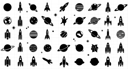 Space Exploration Icons - Rockets, Planets, and Celestial Bodies.