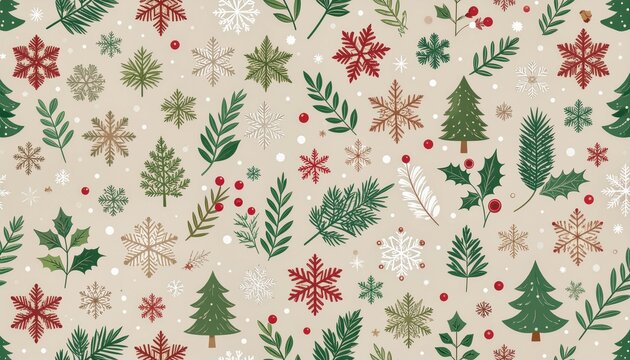 Celebrate the winter season with this festive floral pattern for a holiday background and Christmas cards, filled with snowflakes and trees galore