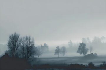 Foggy morning landscape with faint silhouettes of trees, conveying soft, ethereal minimalist beauty and mystery