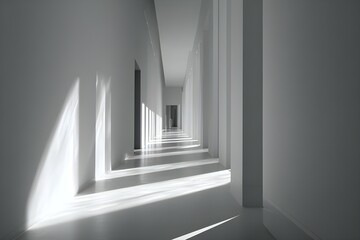 Fototapeta premium Empty hallway with white walls and long linear shadows, emphasizing pure minimalist architectural simplicity and elegance