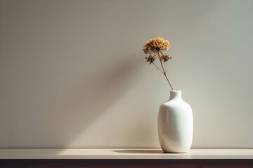 Single white vase with dried flower on clean table, conveying minimalist design with elegant simplicity and calm