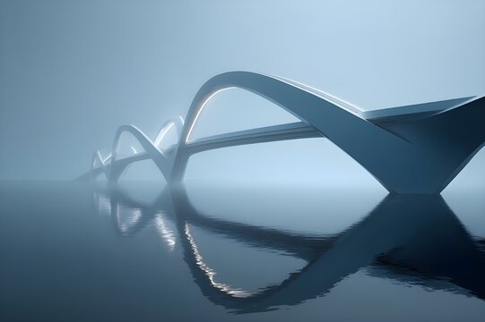 Elegant minimalist bridge design with soft curves and reflections, creating an architectural visual of serene simplicity