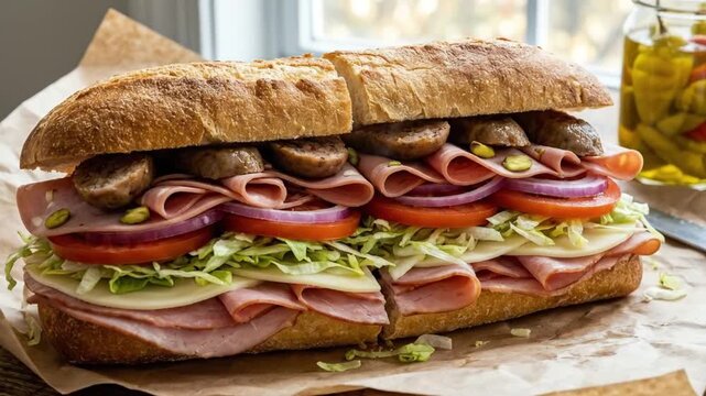 A mouth-watering, fully loaded sub sandwich, sliced in half, features an abundance of savory meats, crisp lettuce, vibrant tomatoes, red onions, creamy cheese, and tangy pickled peppers, all perfectly