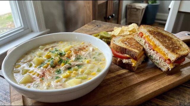 A mouth-watering, hearty meal is beautifully presented on a rustic wooden surface, set against a softly lit background near a window. The focus is on a delicious creamy chowder, richly garnished with 
