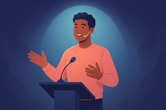 Engaging speaker delivering persuasive presentation on stage illuminated by soft blue spotlight conveying confidence and charisma through captivating storytelling