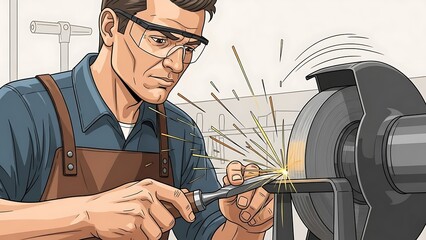 Illustrated Craftsman Sharpening a Metal Tool on a Bench Grinder in a Workshop.
