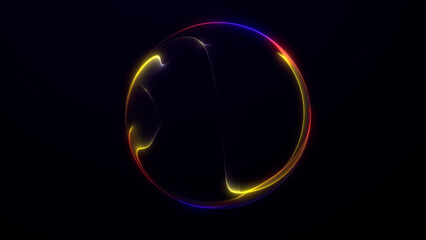 Abstract glowing sphere with vivid neon color edges over deep dark backdrop. Smooth futuristic shape with holographic light reflections.