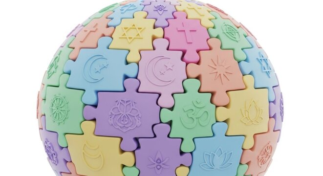 World religions unity shown with a puzzle globe featuring religious symbols. Concept.