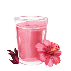 Illustration of a Hibisus flower next to a glass of iced hibiscus tea. Pink Jamaica drink next to a Hibiscus flower