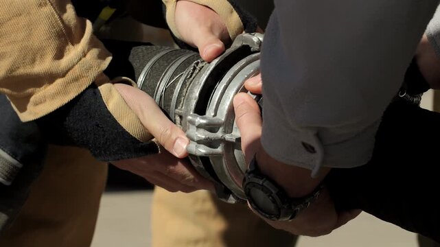 Firefighters Securing Heavy Water Hose Coupling