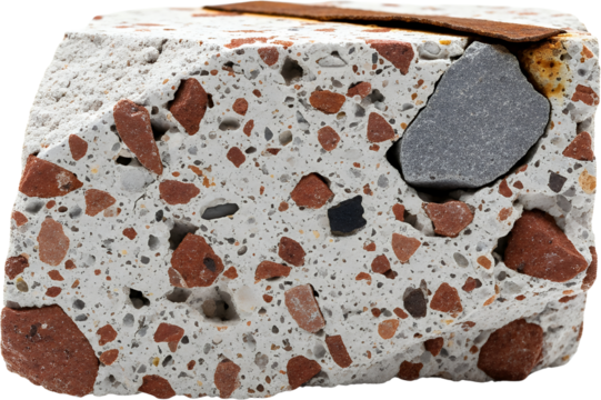 Close up macro view of a cross section of concrete aggregate with red brick gray stone and black elements embedded within the cement matrix
