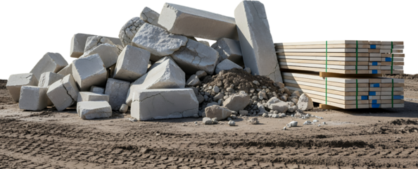 Pile of broken concrete blocks and stacked wooden planks on dirty ground with tire tracks building materials construction