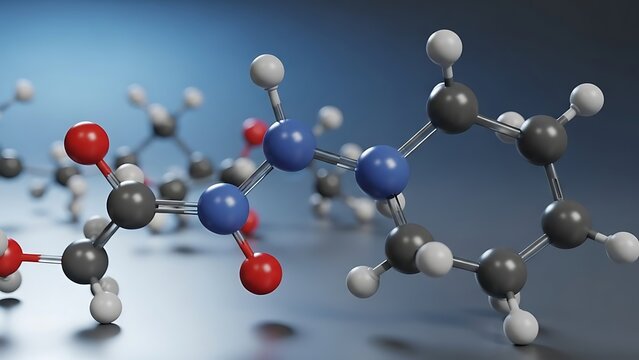 Ball and stick model of a complex organic chemical molecule structure.
