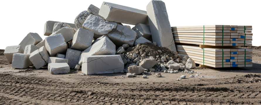 Pile of broken concrete blocks and stacked wooden planks on dirty ground with tire tracks building materials construction