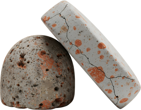 Two cracked concrete geometric shapes one spherical one cylindrical with visible orange aggregate and texture Stone Material - Powered by Adobe