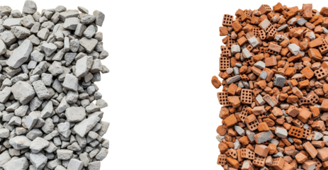 Pile of broken concrete rubble next to a pile of fragmented red bricks isolated on black fragments construction debris demolition