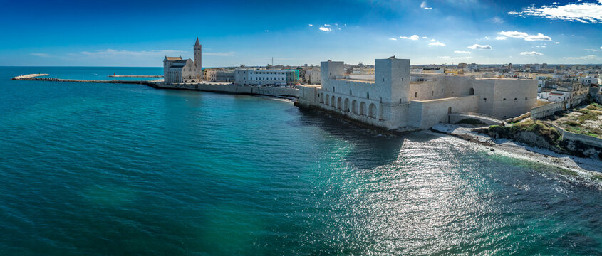 Aerial view of norman seaside castle of Trani built with white stone in Puglia Italy