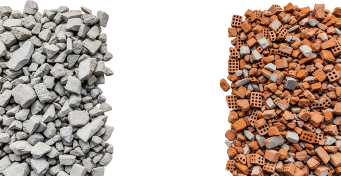 Pile of broken concrete rubble next to a pile of fragmented red bricks isolated on black fragments construction debris demolition