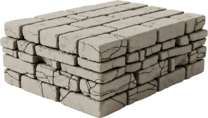 Stacked light brown bricks with visible cracks and texture on a transparent background building material construction cracked