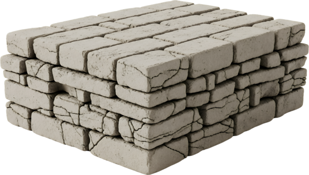 Stacked light brown bricks with visible cracks and texture on a transparent background building material construction cracked