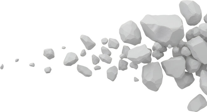 A stream of irregularly shaped white rocks flowing across a dark background Rocks vary in size with smaller stones trailing behind larger ones
