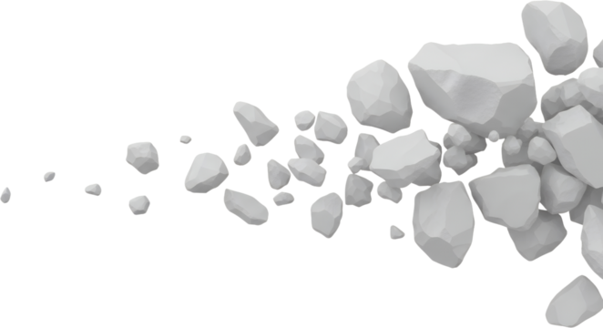 A stream of irregularly shaped white rocks flowing across a dark background Rocks vary in size with smaller stones trailing behind larger ones