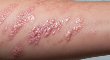 Close-up of Psoriasis Skin Condition on Human Arm with Red Patches and Scales.