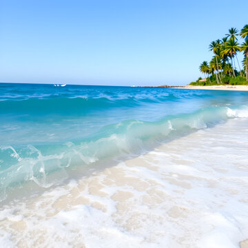 Clear blue ocean waves washing gently onto a sandy topical beach, with tall pam trees in the background.