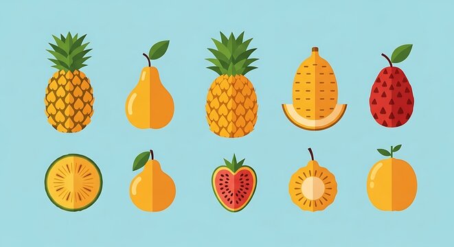 Assorted Tropical Fruits Illustration on Light Blue Background.