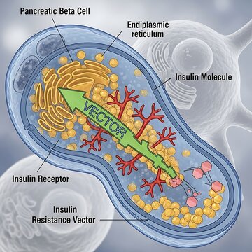 Insulin molecule being transported within a pancreatic beta cell through the endoplasmic reticulum