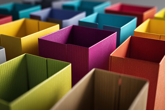 Cardboard boxes in vibrant colors ready for folding at a print production facility