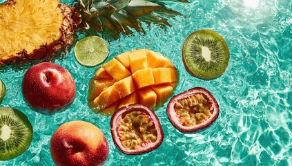 Fresh fruits floating on turquoise water