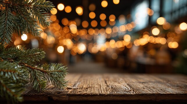 Warm Christmas Atmosphere With Pine Branches and Bokeh Lights on a Wooden Table Background