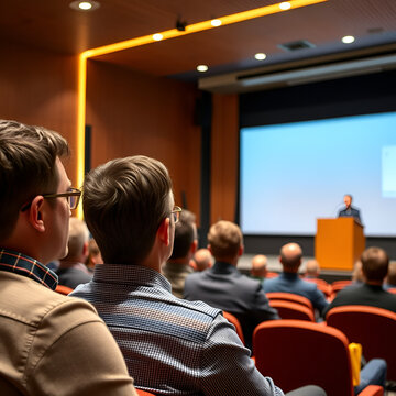 Audience Listening to a Speaker at a Podium in a Bright Auditorium