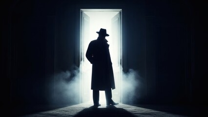 Mysterious Gangster Silhouette Entering or Exiting Doorway with Bright Backlight and Fog