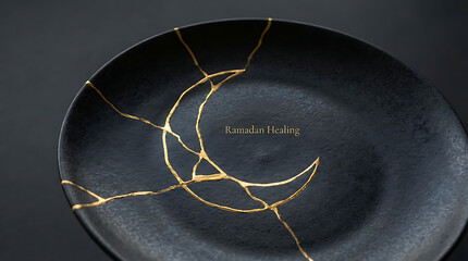 Kintsugi bowl with golden repair lines closeup dark background.