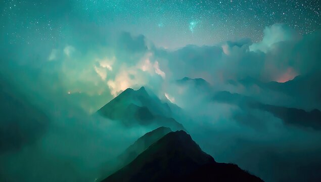 Misty mountains at night, shrouded in vibrant teal and purple clouds under a star-strewn sky