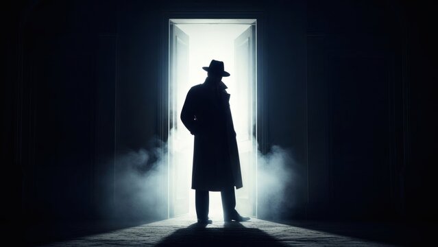 Mysterious Gangster Silhouette Entering or Exiting Doorway with Bright Backlight and Fog
