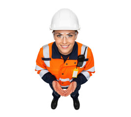 Fototapeta premium Frontline safety champion inviting workers to speak up about hazards on site to support zero harm culture initiatives, near miss reporting programs and occupational risk prevention efforts