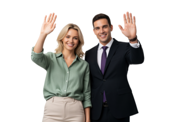 Greeting video hosts recording friendly hello gesture for service business welcome pages, live webinar intros and employee training presentations about personal approach to client communication