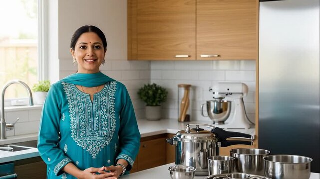 Happy Indian housewife in traditional attire standing proudly in a contemporary kitchen with cooking pots