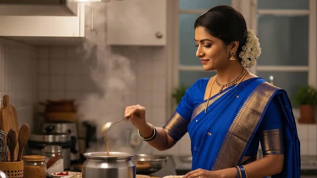 An elegant Indian housewife dressed in a traditional blue sari gracefully cooking a delicious meal in a modern kitchen