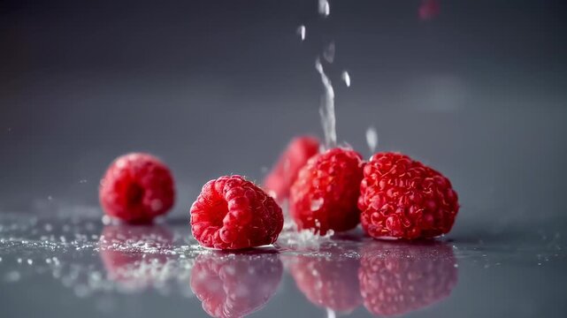 fresh, ripe raspberries on a reflective surface getting splashed with water, creating a dynamic and refreshing visual