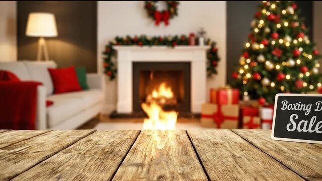 A rustic wooden table in the foreground provides ample copy space, set against a beautifully blurred background of a festive holiday living room. A cozy fireplace flickers warmly, complementing the gl