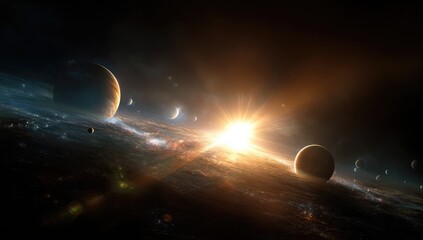 Obraz premium Cosmic sunrise, planets, nebulae. Vast space, vibrant colors, intense light
