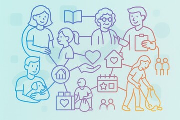Illustrative representation of community engagement activities showcasing caring individuals connected through various acts of kindness and volunteering initiatives promoting social well being