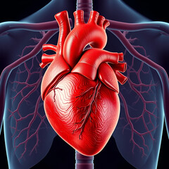 An anatomical medical rendering of a heart and lungs illustration
