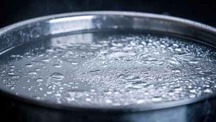 Water boiling in a metal pan, steam rising