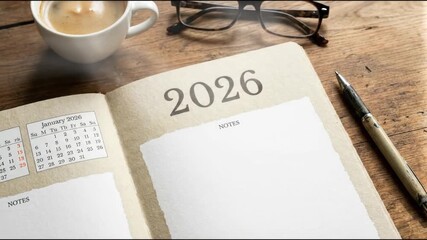 A serene, top-down shot of a planner opened to the year 2026, resting on a warm, rustic wooden surface. The left page displays a detailed January 2026 calendar, while the right page offers a textured,