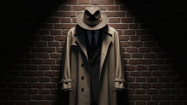 Empty Trench Coat and Fedora Hat Hanging Against Dramatic Brick Wall Lighting